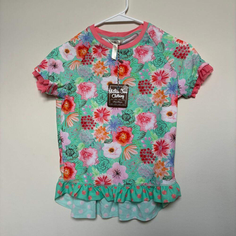 Matilda Jane Girls Rash Guard Swim Top Size 16 NWT Floral Ruffle Hem